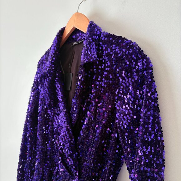 Zara Festive Sequin Blazer Dress Long Sleeve Collar Purple Blogger Fav Size XS - Picture 6 of 9
